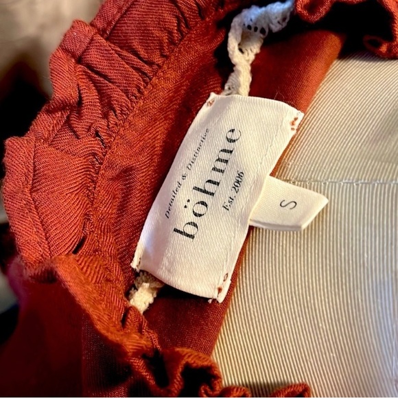 Bohme | Brown Pheasant Lace Lined Ruffled MIDI Dress Bib Style Front Hippie Wear - Picture 5 of 5